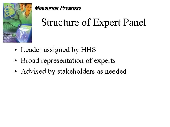 Measuring Progress Structure of Expert Panel • Leader assigned by HHS • Broad representation