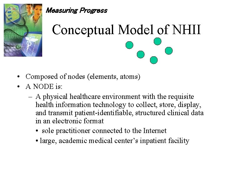 Measuring Progress Conceptual Model of NHII • Composed of nodes (elements, atoms) • A