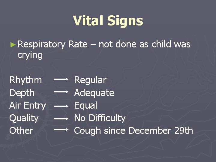 Vital Signs ► Respiratory crying Rhythm Depth Air Entry Quality Other Rate – not