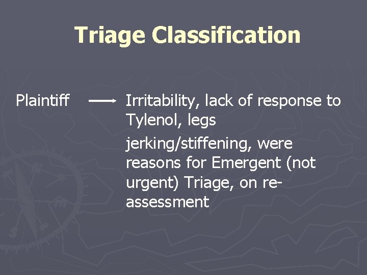 Triage Classification Plaintiff Irritability, lack of response to Tylenol, legs jerking/stiffening, were reasons for