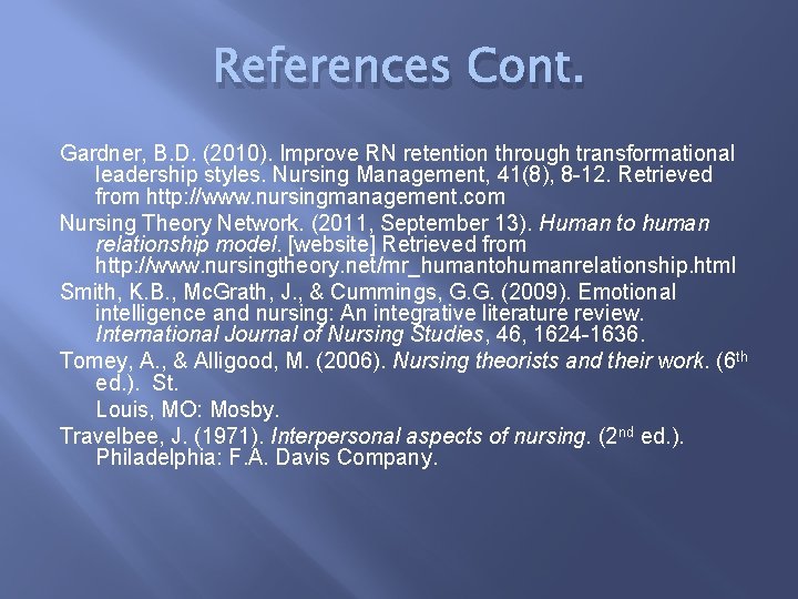 References Cont. Gardner, B. D. (2010). Improve RN retention through transformational leadership styles. Nursing