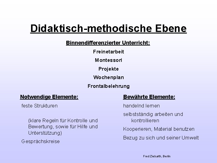 Didaktisch-methodische Ebene Binnendifferenzierter Unterricht: Freinetarbeit Montessori Projekte Wochenplan Frontalbelehrung Notwendige Elemente: Bewährte Elemente: feste