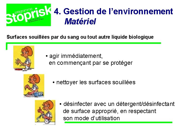 4. Gestion de l’environnement Matériel Surfaces souillées par du sang ou tout autre liquide 4. Gestion de l’environnement Matériel Surfaces souillées par du sang ou tout autre liquide