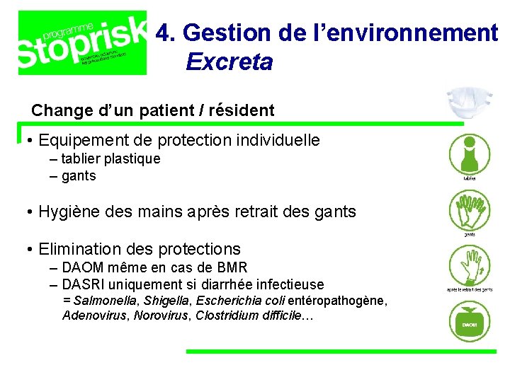4. Gestion de l’environnement Excreta Change d’un patient / résident • Equipement de protection 4. Gestion de l’environnement Excreta Change d’un patient / résident • Equipement de protection