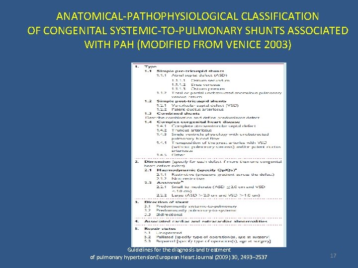 ANATOMICAL-PATHOPHYSIOLOGICAL CLASSIFICATION OF CONGENITAL SYSTEMIC-TO-PULMONARY SHUNTS ASSOCIATED WITH PAH (MODIFIED FROM VENICE 2003) Guidelines