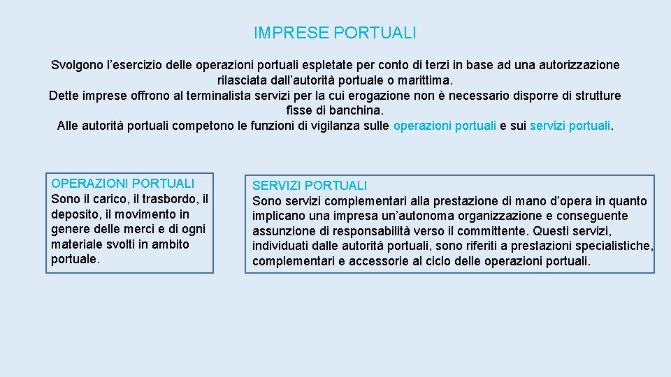 IMPRESE PORTUALI Svolgono l’esercizio delle operazioni portuali espletate per conto di terzi in base