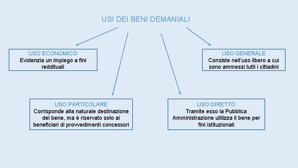 USI DEI BENI DEMANIALI USO ECONOMICO Evidenzia un impiego a fini reddituali USO PARTICOLARE