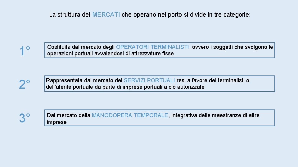 La struttura dei MERCATI che operano nel porto si divide in tre categorie: 1°