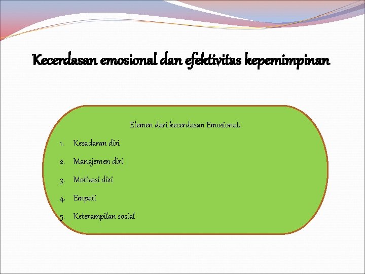 Kecerdasan emosional dan efektivitas kepemimpinan Elemen dari kecerdasan Emosional: 1. Kesadaran diri 2. Manajemen
