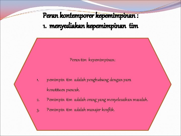 Peran kontemporer kepemimpinan : 1. menyediakan kepemimpinan tim Peran tim kepemimpinan: 1. pemimpin tim