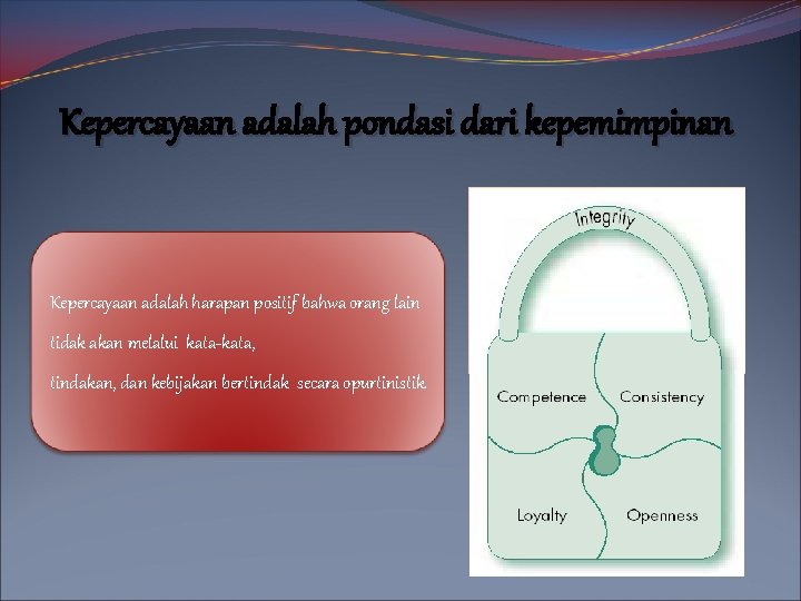 Kepercayaan adalah pondasi dari kepemimpinan Kepercayaan adalah harapan positif bahwa orang lain tidak akan