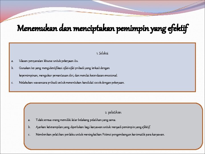 Menemukan dan menciptakan pemimpin yang efektif 1. Seleksi a. Ulasan persyaratan khusus untuk pekerjaan