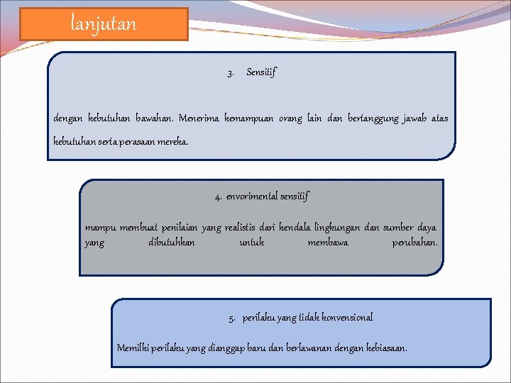 lanjutan 3. Sensitif dengan kebutuhan bawahan. Menerima kemampuan orang lain dan bertanggung jawab atas