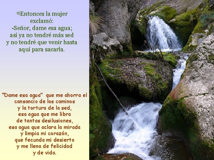 15 Entonces la mujer exclamó: -Señor, dame esa agua; así ya no tendré más 15 Entonces la mujer exclamó: -Señor, dame esa agua; así ya no tendré más