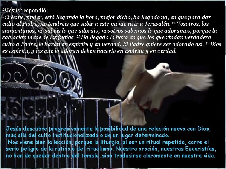 21 Jesús respondió: -Créeme, mujer, está llegando la hora, mejor dicho, ha llegado ya, 21 Jesús respondió: -Créeme, mujer, está llegando la hora, mejor dicho, ha llegado ya,