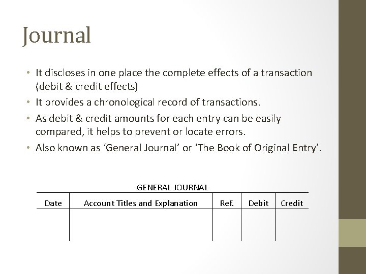 Journal • It discloses in one place the complete effects of a transaction (debit