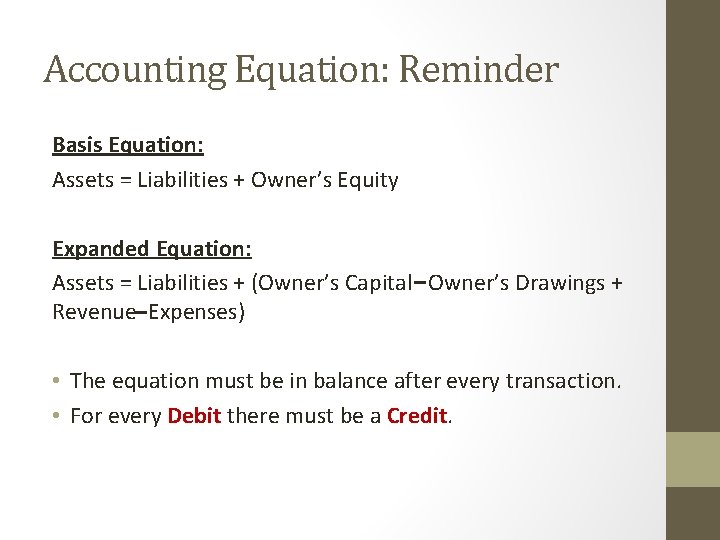 Accounting Equation: Reminder Basis Equation: Assets = Liabilities + Owner’s Equity Expanded Equation: Assets