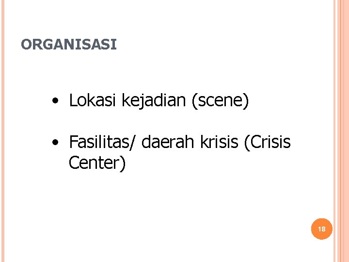 ORGANISASI • Lokasi kejadian (scene) • Fasilitas/ daerah krisis (Crisis Center) 18 