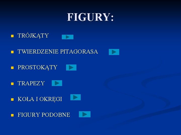 FIGURY: n TRÓJKĄTY n TWIERDZENIE PITAGORASA n PROSTOKĄTY n TRAPEZY n KOŁA I OKRĘGI