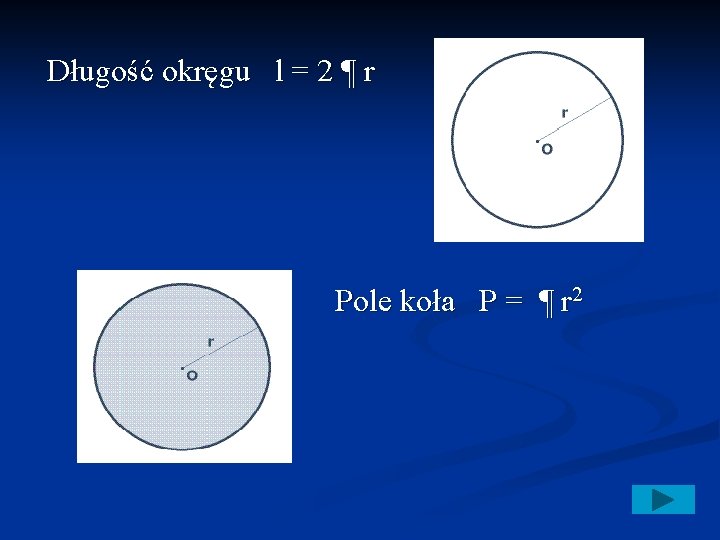  Długość okręgu l = 2 ¶ r Pole koła P = ¶ r