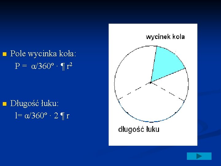 Pole wycinka koła: P = α/360º · ¶ r 2 n Długość łuku: l=