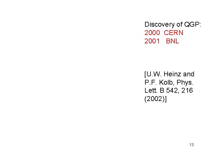 Discovery of QGP: 2000 CERN 2001 BNL [U. W. Heinz and P. F. Kolb,