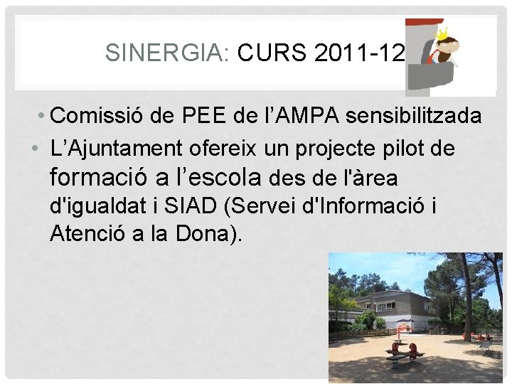 SINERGIA: CURS 2011 -12 • Comissió de PEE de l’AMPA sensibilitzada • L’Ajuntament ofereix