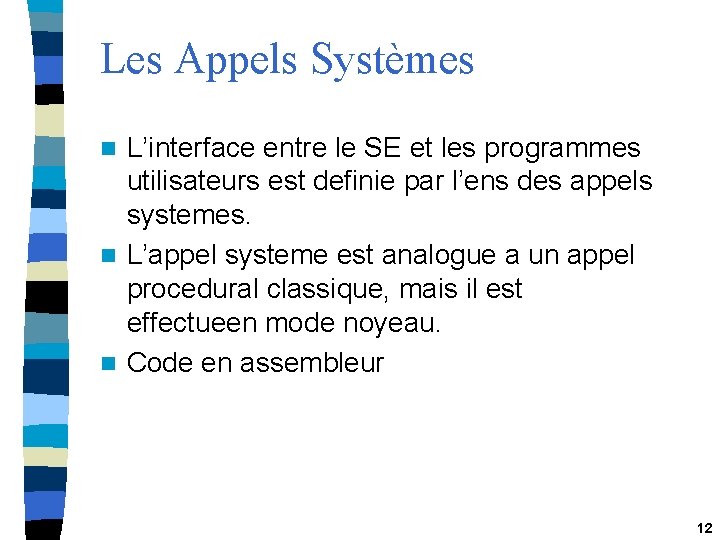 Les Appels Systèmes L’interface entre le SE et les programmes utilisateurs est definie par