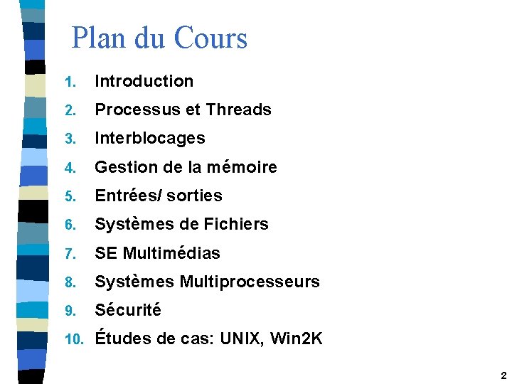 Plan du Cours 1. Introduction 2. Processus et Threads 3. Interblocages 4. Gestion de