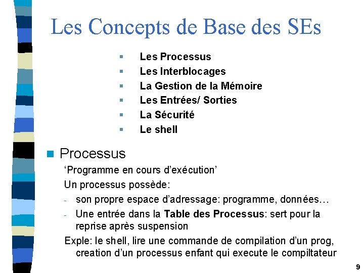 Les Concepts de Base des SEs § § § n Les Processus Les Interblocages