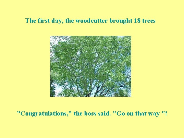 The first day, the woodcutter brought 18 trees "Congratulations, " the boss said. "Go