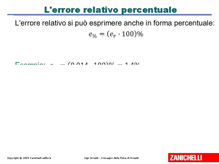 L'errore relativo percentuale Copyright © 2009 Zanichelli editore Ugo Amaldi - Immagini della fisica