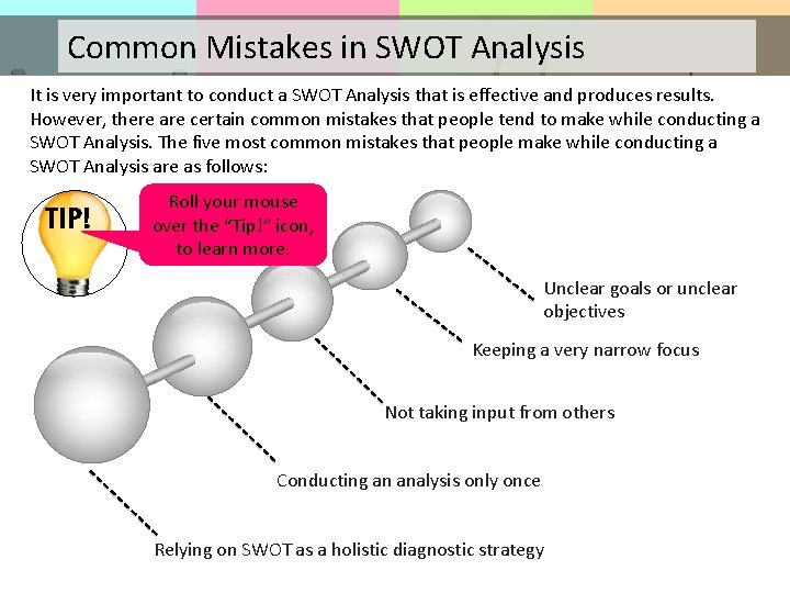 Common Mistakes in SWOT Analysis It is very important to conduct a SWOT Analysis