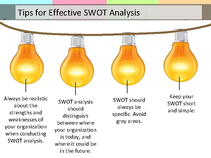 Tips for Effective SWOT Analysis Always be realistic about the strengths and weaknesses of