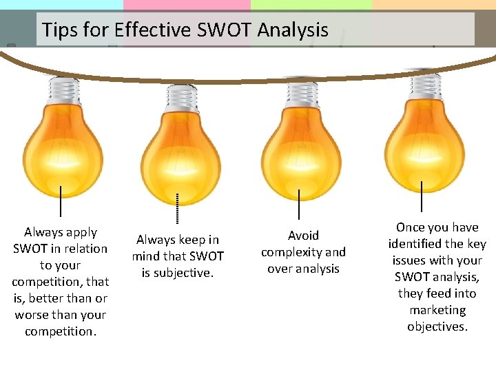 Tips for Effective SWOT Analysis Always apply SWOT in relation to your competition, that