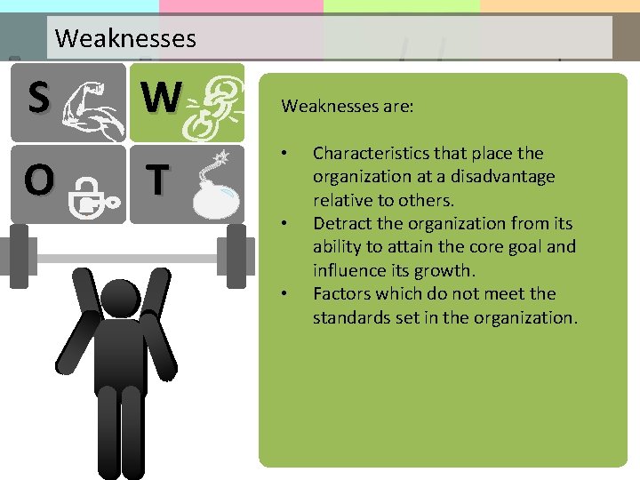 Weaknesses S O W T Weaknesses are: • • • Characteristics that place the