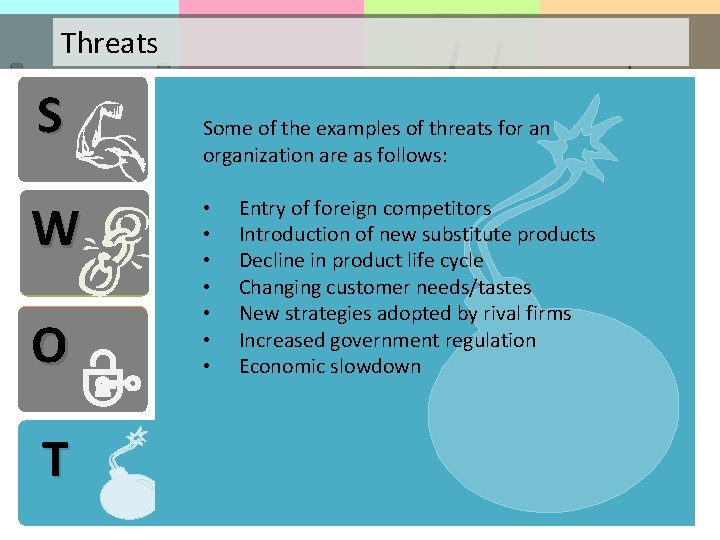 Threats S W O TT Some of the examples of threats for an organization