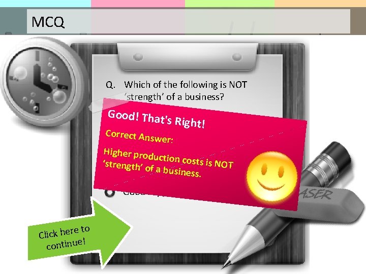 MCQ Q. Which of the following is NOT ‘strength’ of a business? Good! That