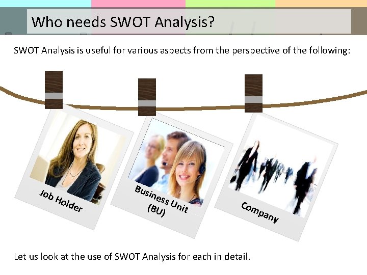 Who needs SWOT Analysis? SWOT Analysis is useful for various aspects from the perspective