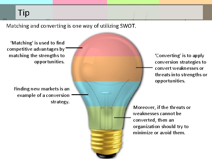 Tip Matching and converting is one way of utilizing SWOT. ‘Matching’ is used to