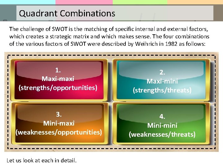 Quadrant Combinations The challenge of SWOT is the matching of specific internal and external