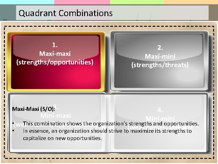 Quadrant Combinations 1. Maxi-maxi (strengths/opportunities) Maxi-Maxi (S/O): 3. 2. Maxi-mini (strengths/threats) 4. Mini-maxi Mini-mini