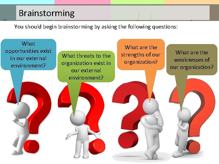 Brainstorming You should begin brainstorming by asking the following questions: What opportunities exist in