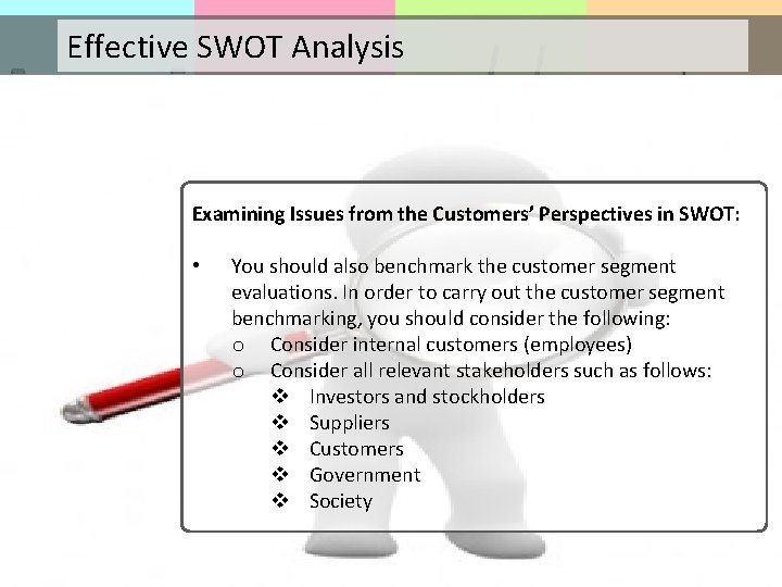 Effective SWOT Analysis Examining Issues from the Customers’ Perspectives in SWOT: • You should