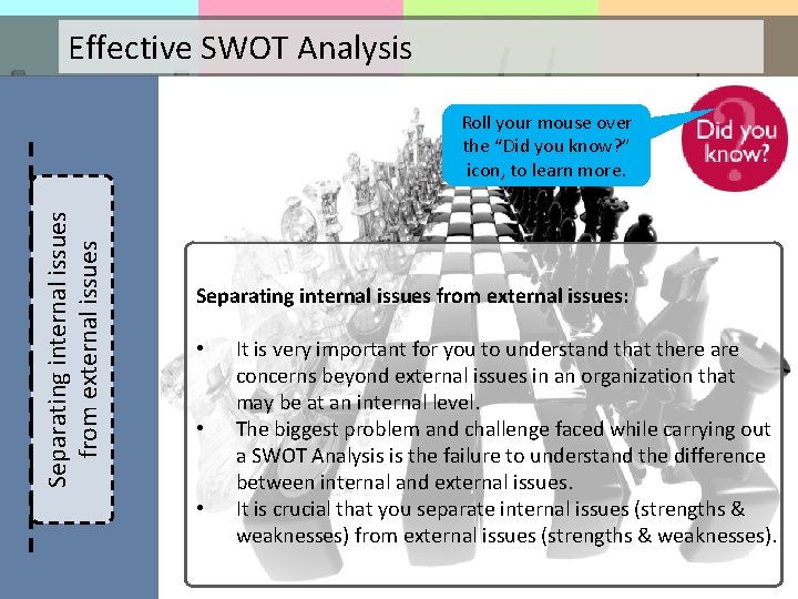 Effective SWOT Analysis Separating internal issues from external issues Roll your mouse over the