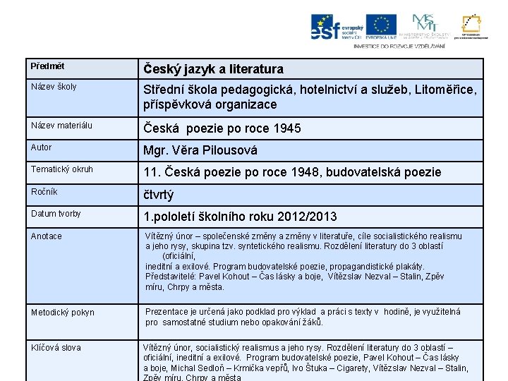 Předmět Český jazyk a literatura Název školy Střední škola pedagogická, hotelnictví a služeb, Litoměřice,