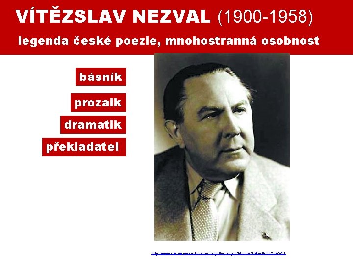 VÍTĚZSLAV NEZVAL (1900 -1958) legenda české poezie, mnohostranná osobnost básník prozaik dramatik překladatel http: