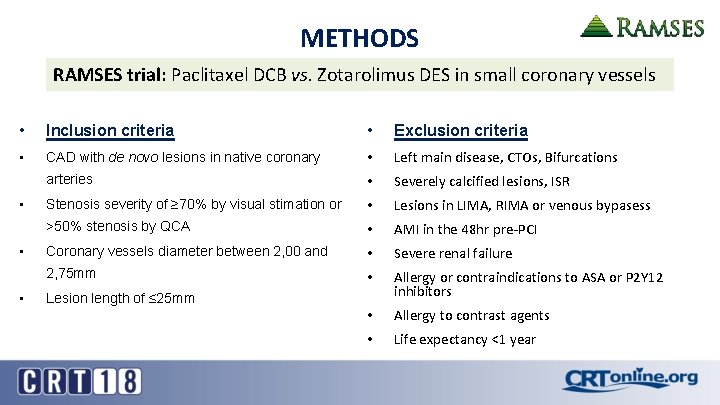 METHODS RAMSES trial: Paclitaxel DCB vs. Zotarolimus DES in small coronary vessels • Inclusion
