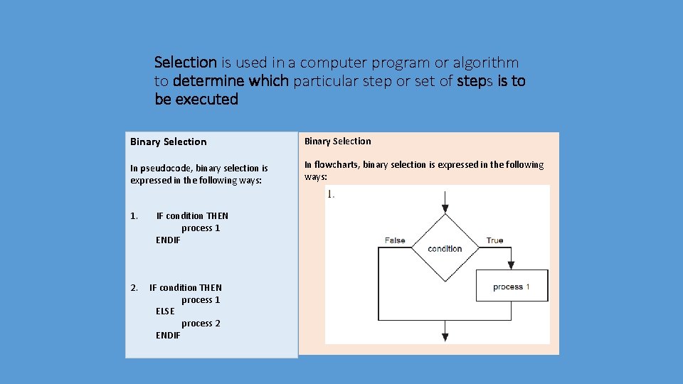 Selection is used in a computer program or algorithm to determine which particular step