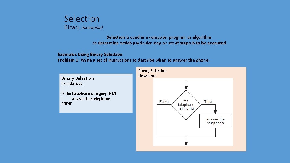 Selection Binary (examples) Selection is used in a computer program or algorithm to determine